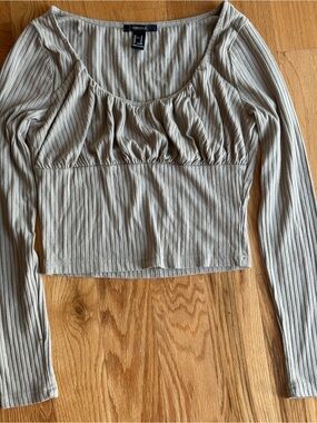 Forever 21 Neutral Ribbed Scoop-Neck Long Sleeve Crop Top